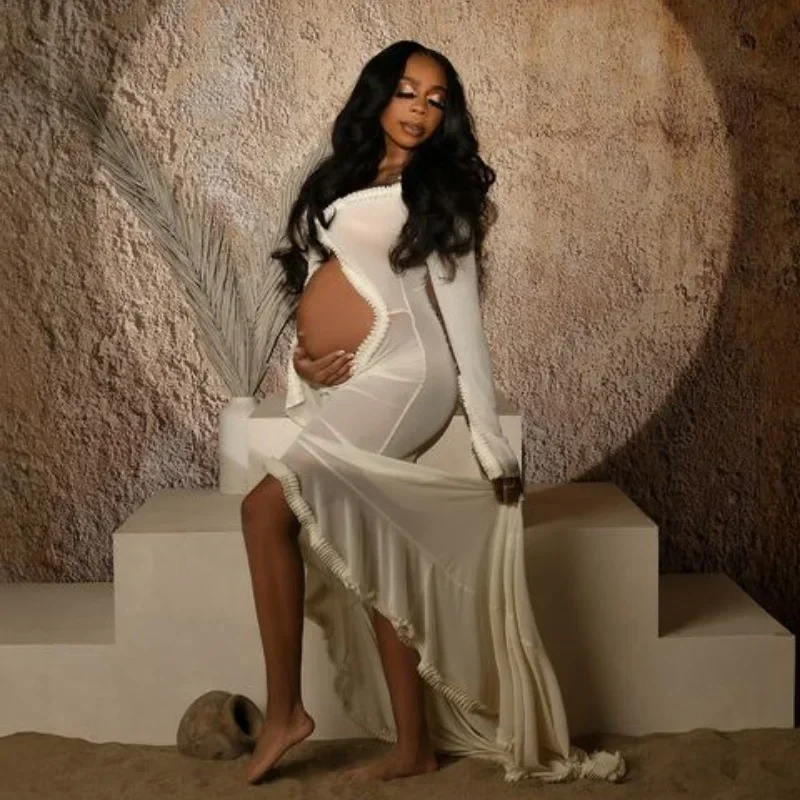 Vestido de maternidade para sessão de fotos, transparente, plissado, barriga vazada, chá de bebê, photographie de vêtements de maternidade