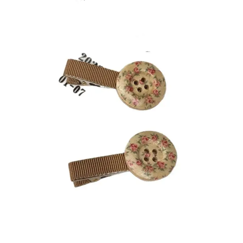 2Pcs Vintage Button Hair Clips For Women Wooden Floral Barrettes Polka Dot Ribbon Details Hair Accessories Jewelry