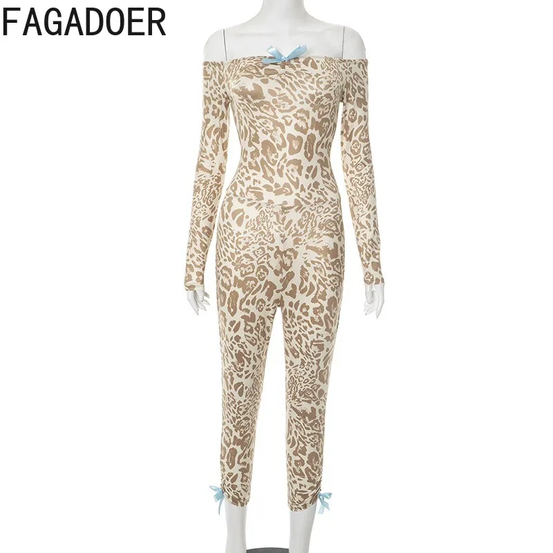 FAGADOER Sexy Leopard Print Bodycon Jumpsuit Women Off Showlder Sleeveless Backless Skinny   Rompers Female Streetwear Overalls