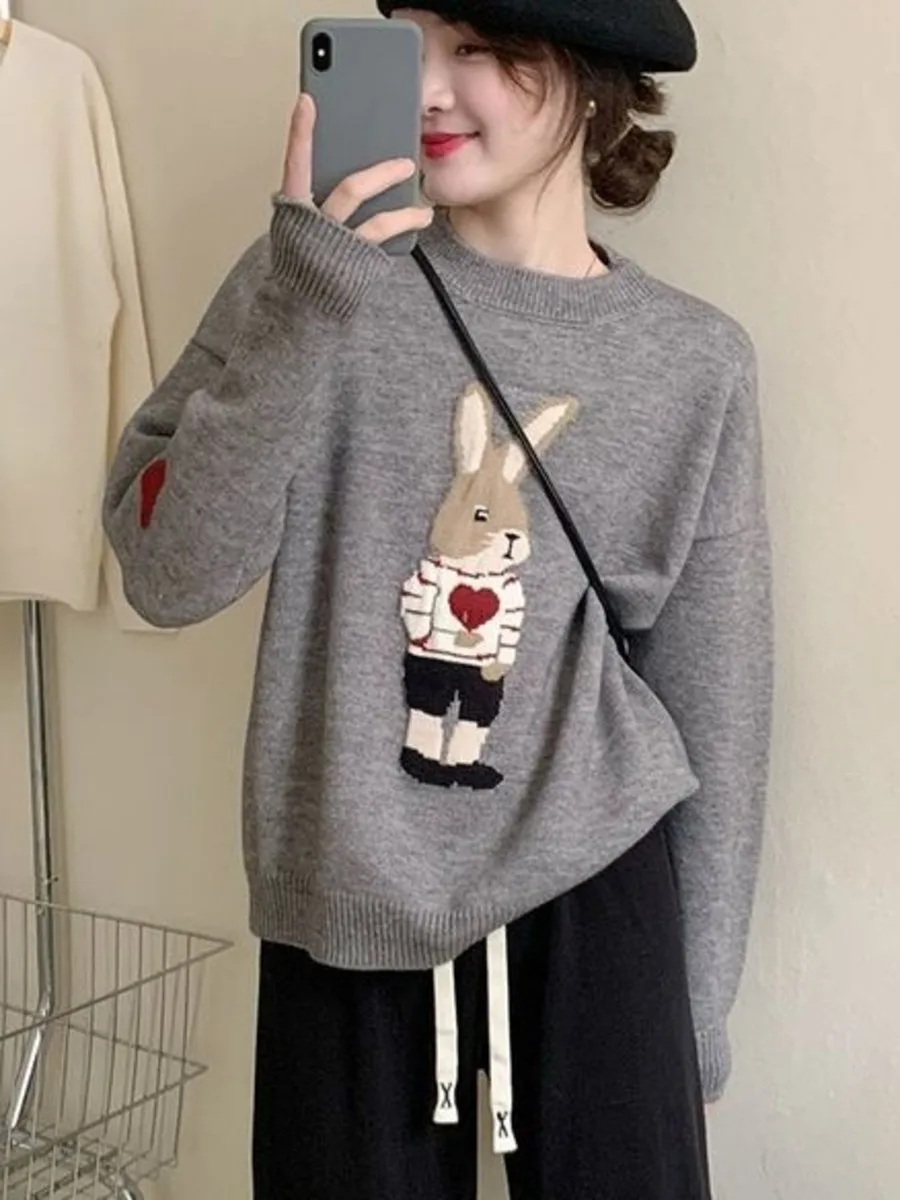 Cute Cartoon Fashion Bunny Sweater O-Neck Rabbit Jacquard Sweater Autumn Winter Pullover Long Sleeved Knit Sweater Top