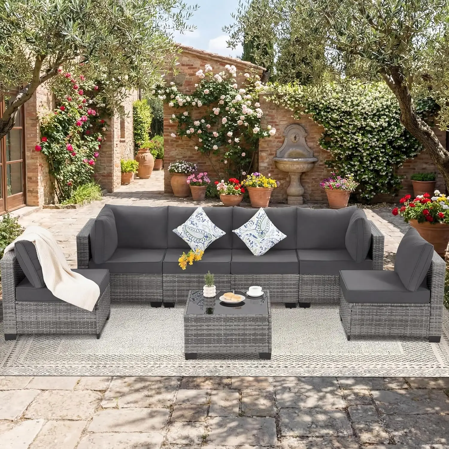 

Patio Outdoor Furniture Set 7 Pieces Rattan Wicker Sectional Sofa Couch Conversation Set with Table