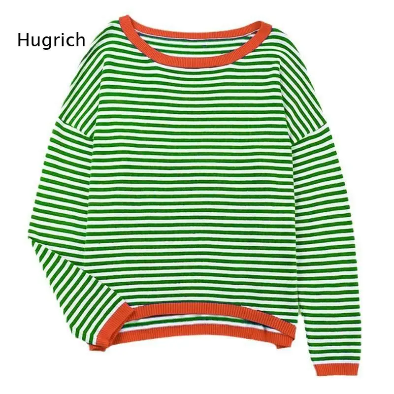Autumn Women Loose Knit Pullover Boat Neck Long Sleeve Striped Knitwear With Contrast Details For Daily Street Style Looks