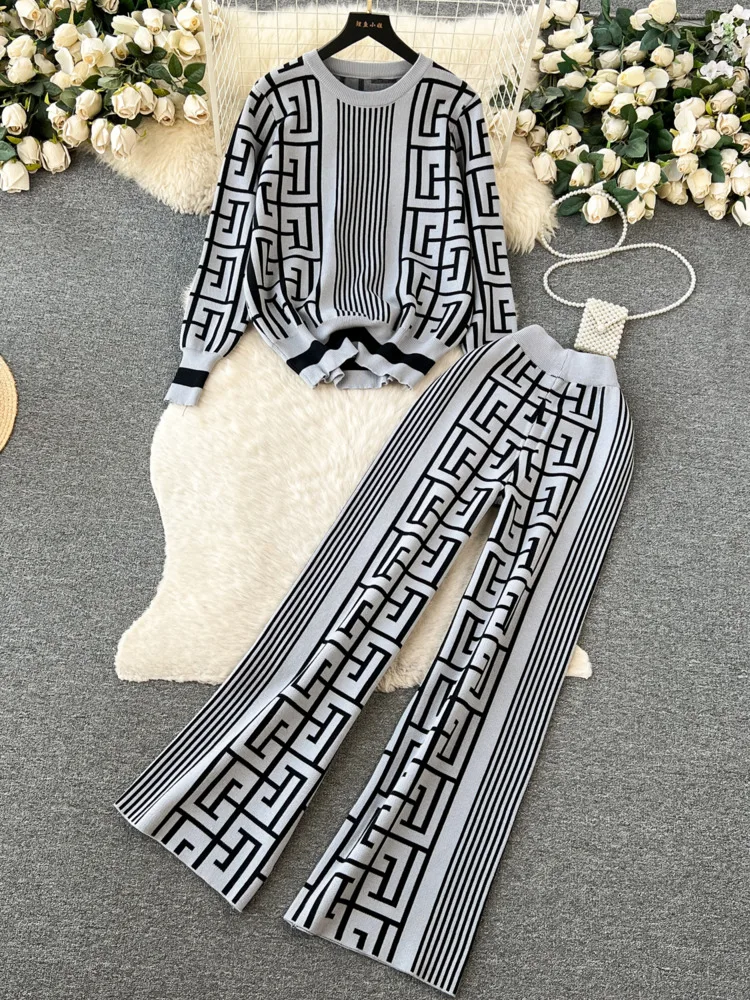 Fashion Knitted Two Pieces Suits Round Neck Labyrinth Print Loose Sweater+Wide Legs Long Pants Women Korean Style Casual Sets