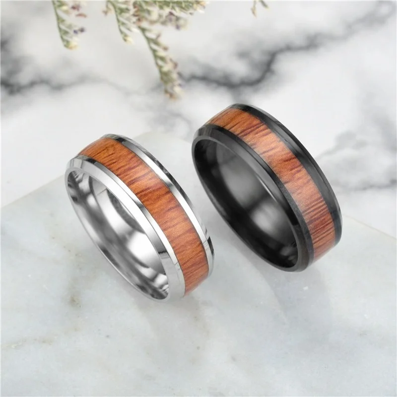 Stainless Steel Wood Grain Mosaic Ring Fashion Titanium Steel Advanced Men Rings Jewelry Boyfriend Gifts