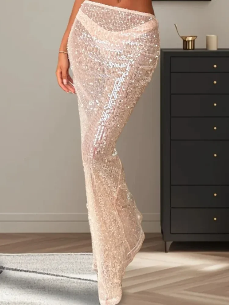 

Летняя новинка: Простая юбка-обертка до бедер, 2026, однотонная, с завышенной талией, прозрачная, модная, с блестящими пайетками, приталенная, пляжное платье