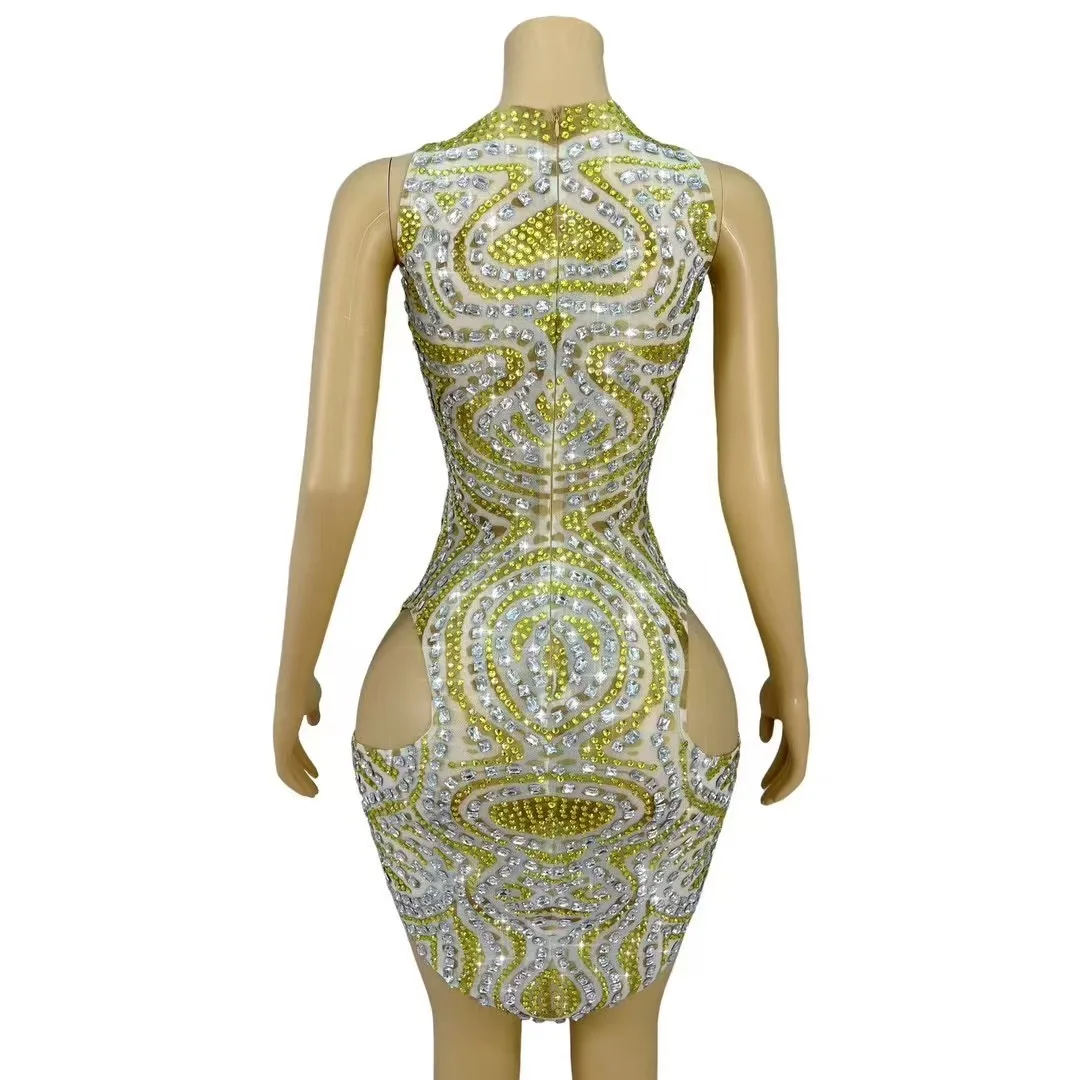 Sexy Elegant Sparkly Rhinestones Hollow out Package hip Dress Women Cocktail Party Evening Outfit Performance Photoshoot Dress