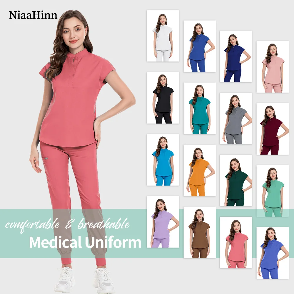 Niaahinn Zahnarzt Uniform Einfarbig Scrubs Uniform Schönheit Salon Kleidung Hundesalon Pflege Uniformen Sets Arzt Kostüm Frauen