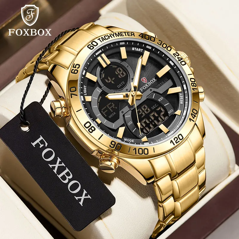 FOXBOX Electronic Men's Watches Multifunctional Waterproof Digital Watch LED Dual Time Display Digital Quartz Watch Reloj +Box