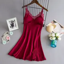 Sexy Nightgown Women Silk Sleepwear Lace Mini Dress Loungewear Bra with Bra Pad Halter Dress Pajamas Lingerie V-neck Nighty Wear