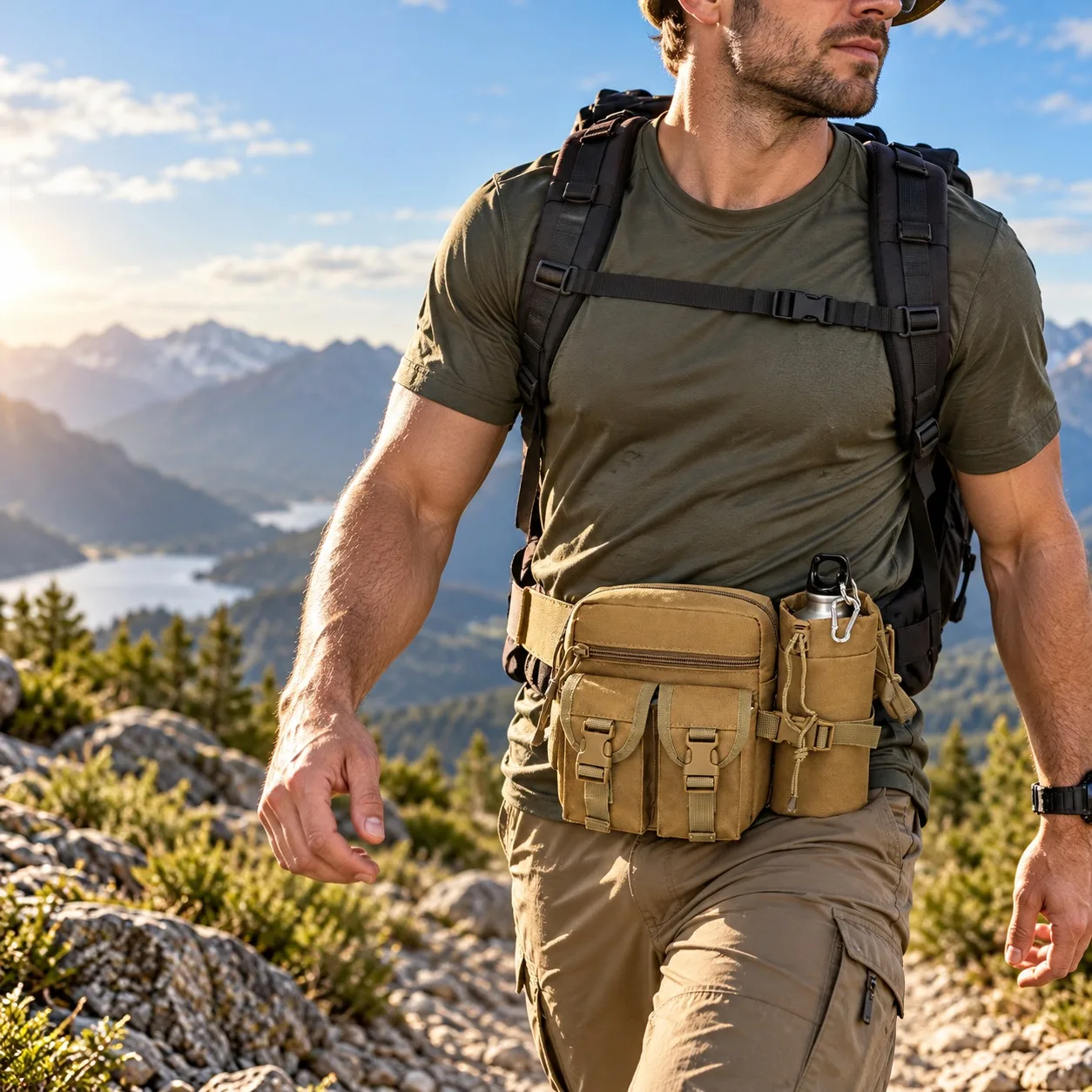 Multifunctional Tactical Fanny Pack Waterproof Waist Bag With Kettle Pouch Outdoor Camping Hiking Hunting Adjustable Belt Bag