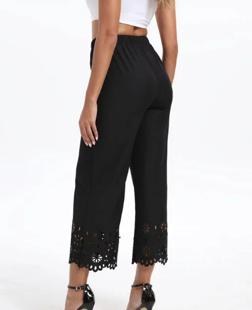 

Women's Casual Pants Elastic Waist Wide Leg Black Trousers Eyelet Hem Ankle Length Loose Fit Elegant Daily Party