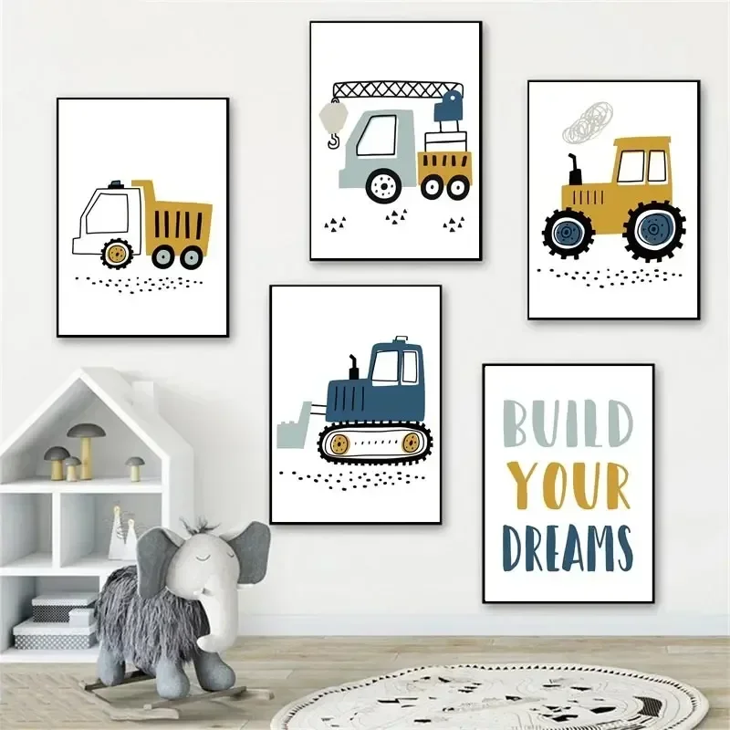 Nursery Child Boys Cartoon Crane Excavator Tractor Truck Posters Wall Art Aesthetics Canvas Painting for Living Room Decor
