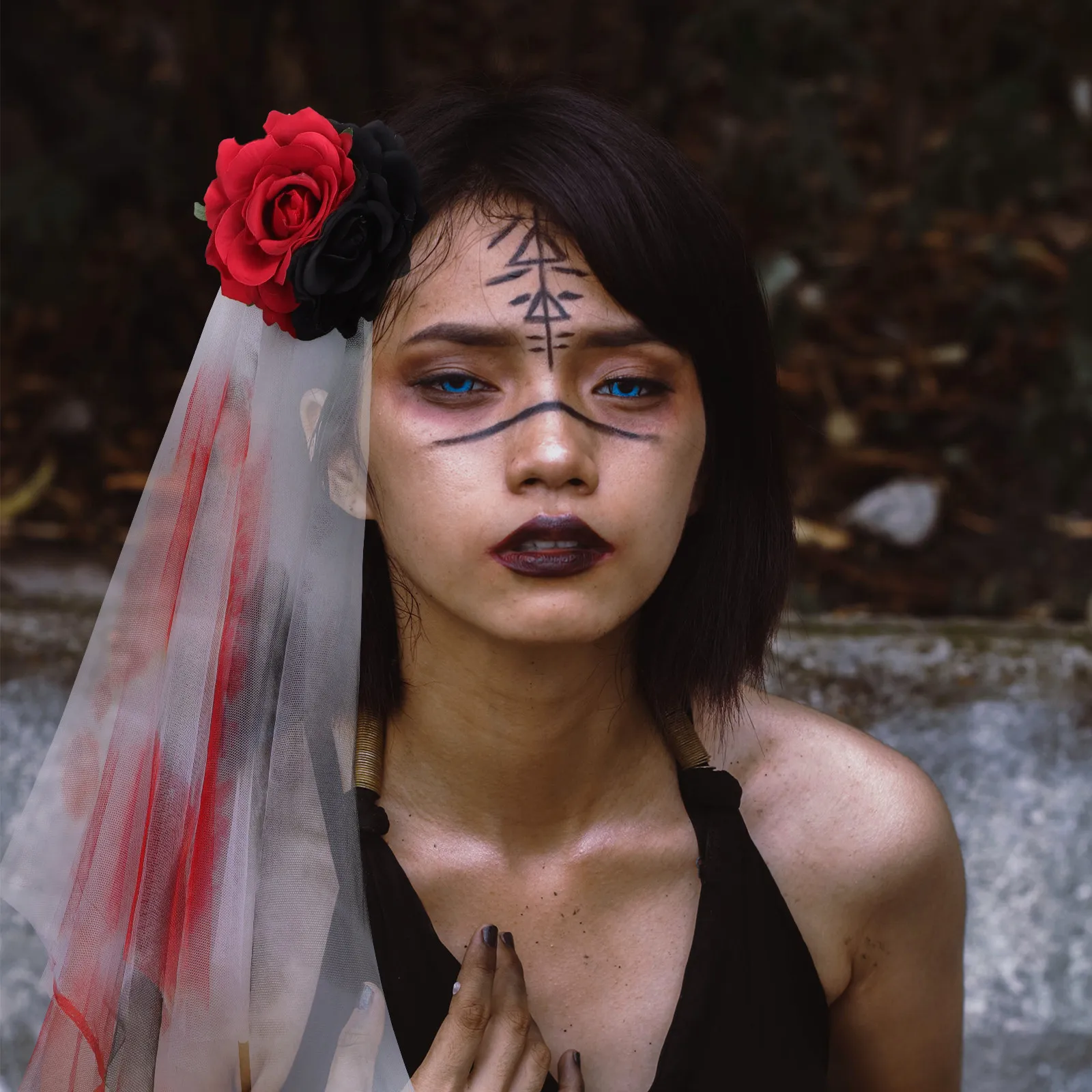 Red Black Rose Veil Hairpin for Halloween Costume – Flexible Horror Headband with Creative Veil Prop