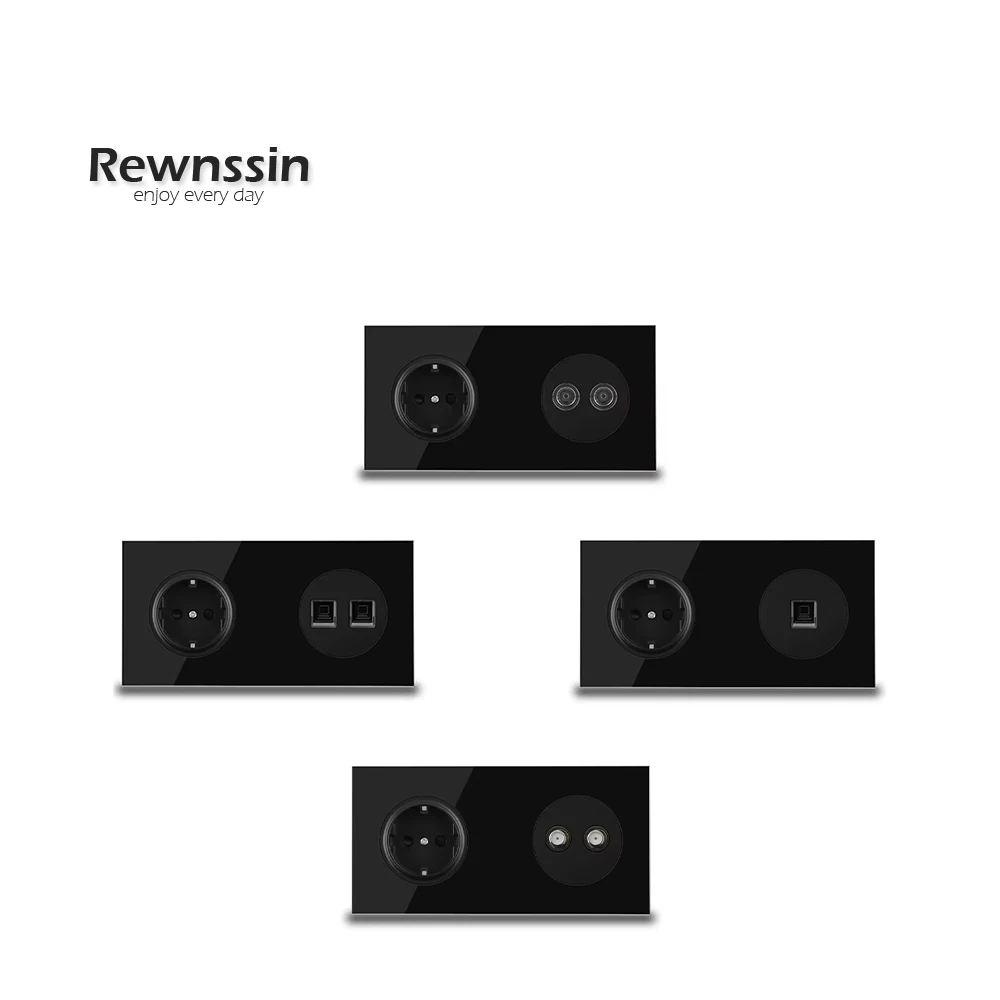 172MM * 86MM Black RJ45 Cat5e Computer Satellite Antenna TV Telephone Socket Data Female Socket Wall Power Socket Black