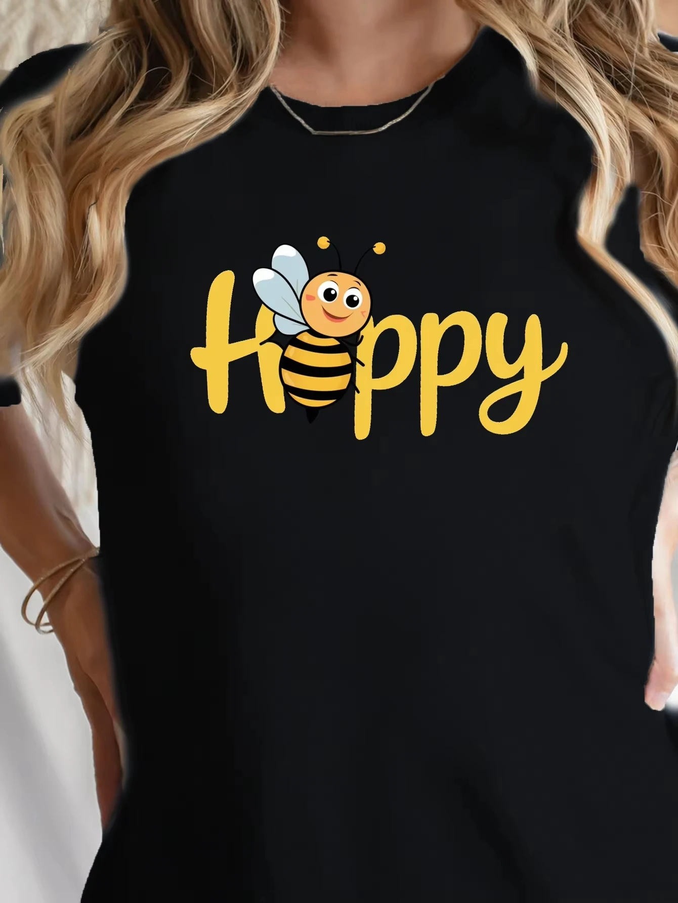 Cute Joyful Bee Letter Graphic Tee Unisex Round Neck Short Sleeve Summer Casual Animal Pattern Daily Streetwear Tops
