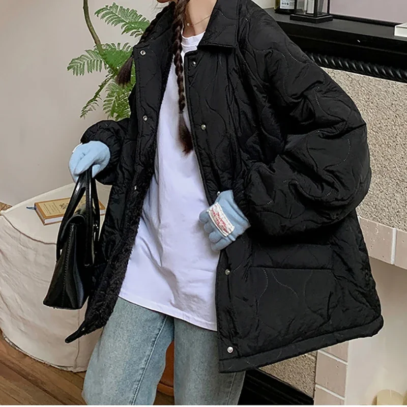 Herfst Winter Verdikte Warme Parka's Voor Vrouwen Casual Loose Fit Katoenen Gewatteerde Jas Met Lange Mouwen Button Up Lamswollen Jas