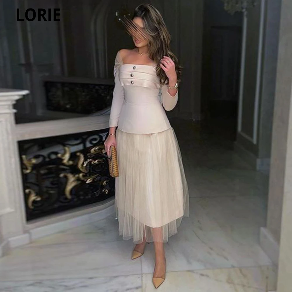 

LORIE Champagne A-line Prom Dress Off The Shoulder Tea Length Robe De Soiree Vestidos De Fiesta Elegantes Para Mujer Party Gowns