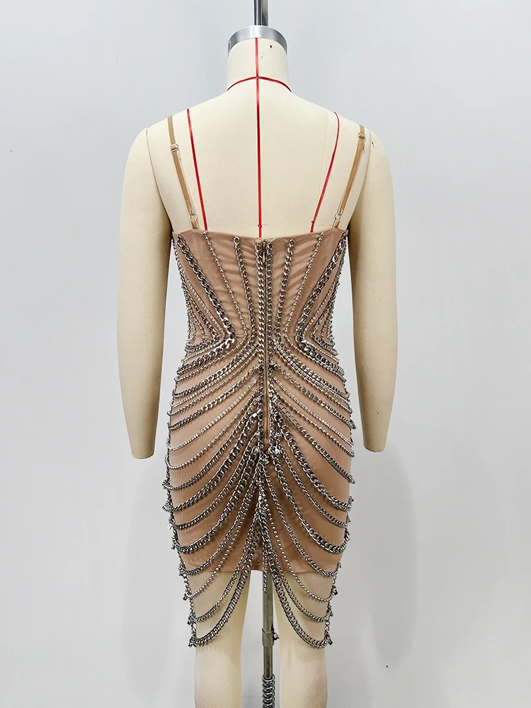 VC Avant-Garde Edge Metallic Chain - Embellished Strapless Backless Mini Dress for Party Gown