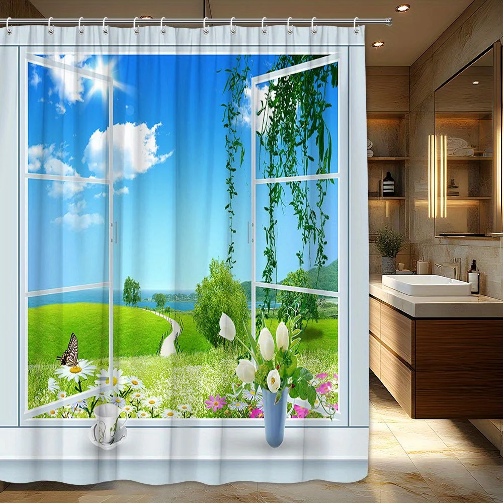 

1 шт. пышная занавеска для душа с пейзажем Луга и озера, полиэфирная ткань, можно стирать в машине, модная тема, дизайн бабочки и цветы