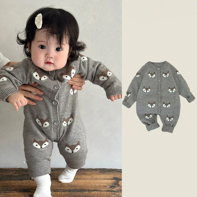 

Spring Autumn Baby Clothes Newborn Baby Knitted Romper Cute Fox Embroidery Gray Korean Style Jumpsuit