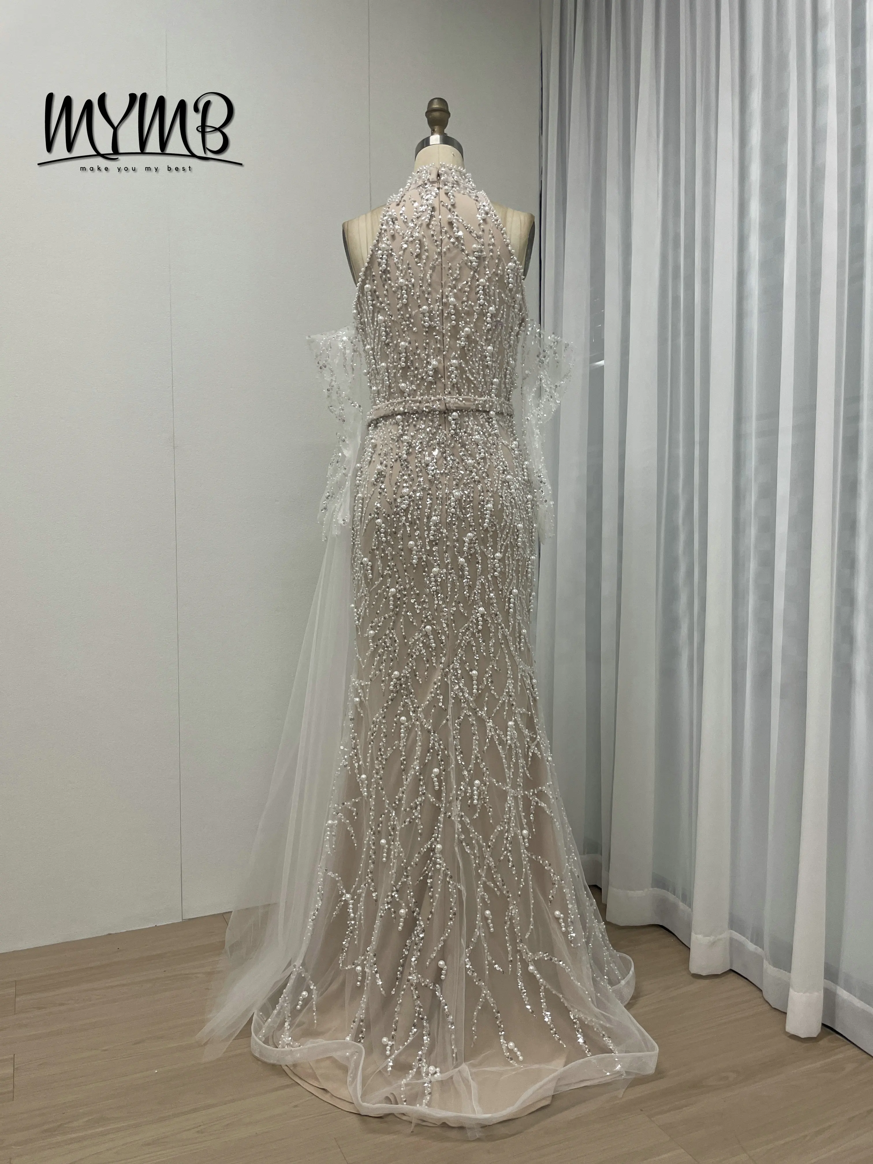 MYMB Sexy Halter Neck Sleeveless Beaded Evening Couture Dresses for Wedding Party Arabic Mermaid Formal Gown With Gloves MY30107