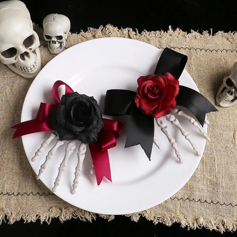 Hand Frame Hairpin Halloween Hair Accessory Dark Style Halloween Hair Pin Skeleton Hand Frame with Artificial Rose Flower for A