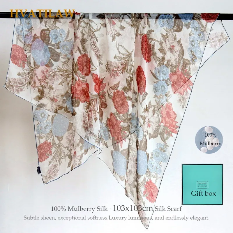 

New 103x103cm Real Silk Scarf 100% Mulberry Silk Large Square Shawl Summer Women Sun Protection Breathable Wrap Bandana Gift Box