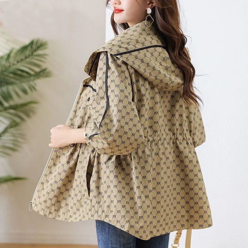 Print Drawstring Waist Hooded Trench Coats Mid Length Big Size 4xl Loose Vintage Gabardina Korea Women Fashion Windbreaker