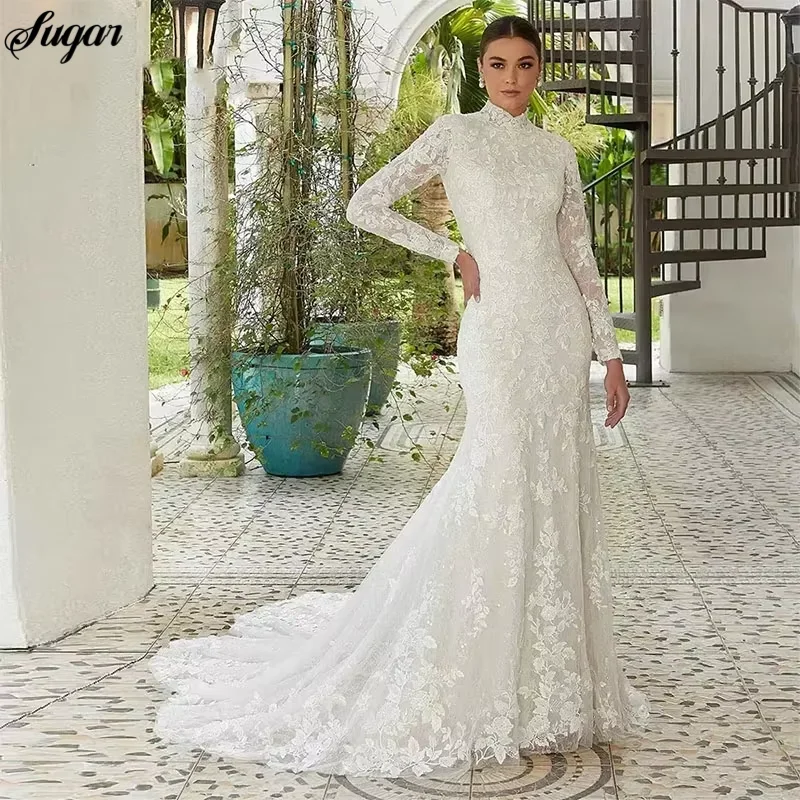 

Customized 2024 Elegant Lace Applique Mermaid Wedding Dress High Neck Long Sleeves Court Train Bridal Gown Vestidos De Novias