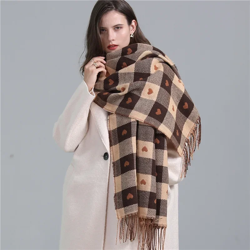 Thickening Double Layer Scarf Winter Wearing Heart-shaped Plaid Scarf for Women Acrylic Tassels Long Shawl and Neck Scarf