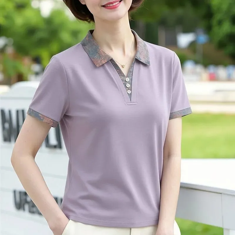 Middle Aged Women Contrast Collar Short Sleeve Polo T Shirt Loose Hide Belly Elegant Daily Casual Blouse Tops