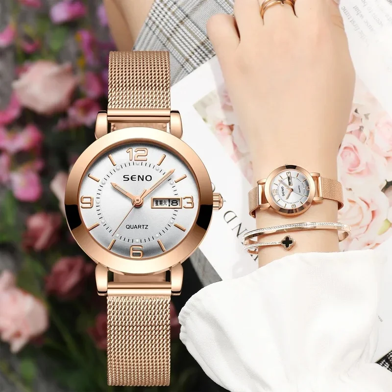 Fashion Women Quartz Wristwatch Stainless Steel Strap Big Numeral Dial Waterproof Calendar Luminous Feature Ladies Daily‑Use Gif