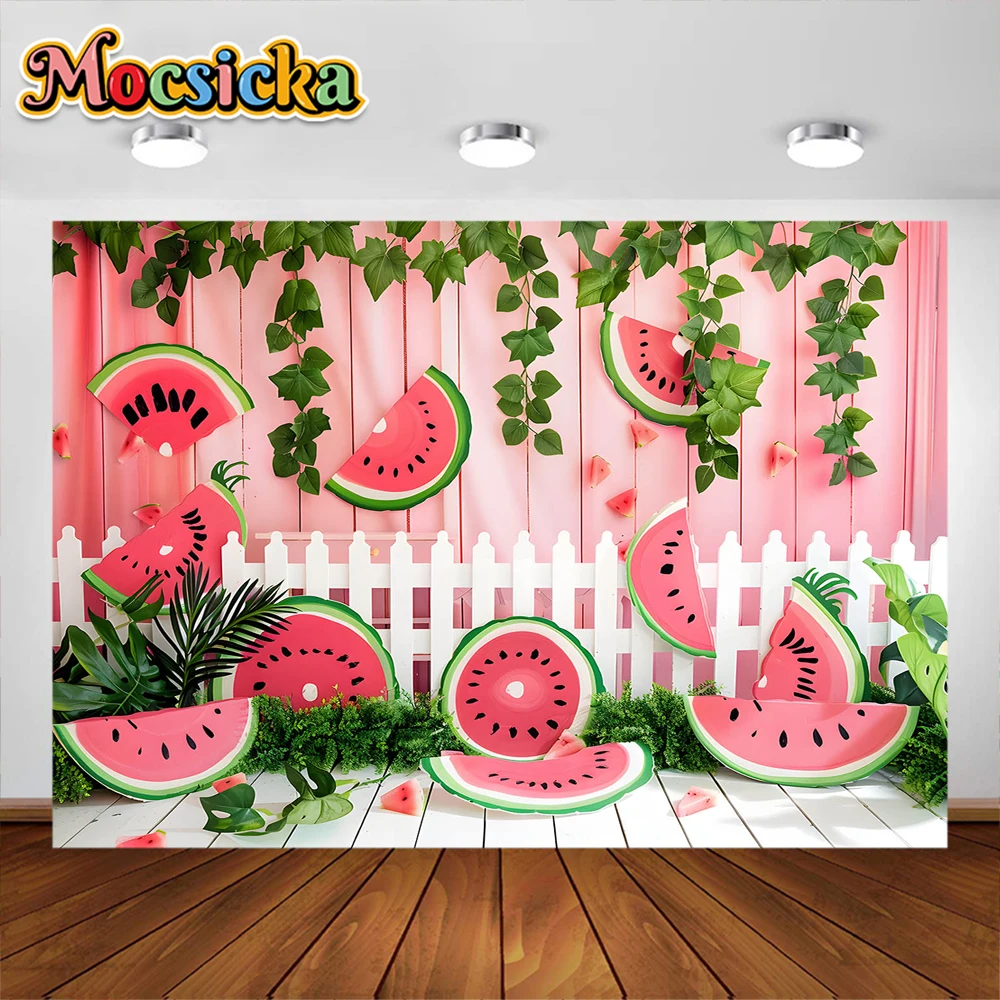 Summer Watermelon Theme Photography Background Palm Leaves White Fence Party Decoration Baby Shower Cake Smash Studio Props