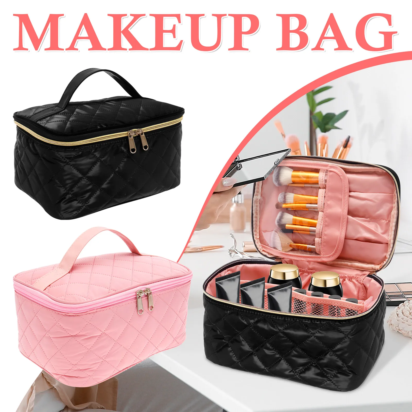 Travel Makeup Bag Polyester Portable Cosmetic Organizer Bag with Divider and Handle Large Capacity Waterproof Women Storage Bag