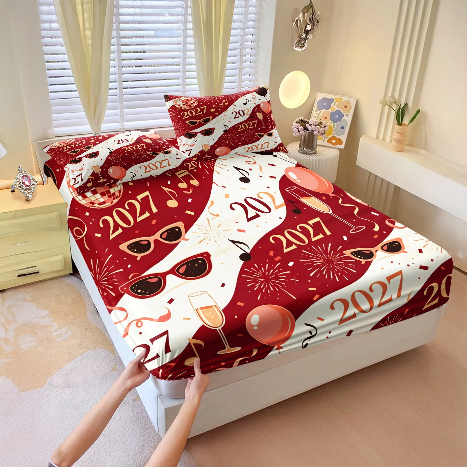2027 New Year Fitted Sheet Set Red White Party Print Firework Balloon Champagne Disco 360° Elastic Deep Pocket Mattress Cover