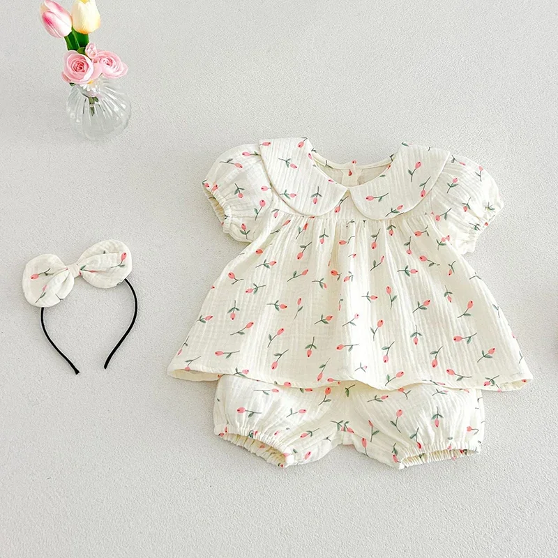

Новый летний комплект одежды для девочек 0-3 лет: хлопковая футболка с коротким рукавом и принтом + шорты, костюм для малышей