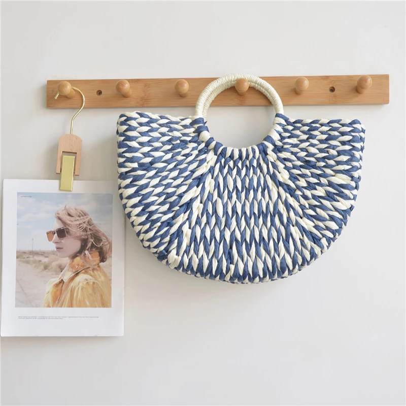 Large Capacity Female Casual Travel Tote Fashion Bolsos Mimbres Paja Women Handbag Rattan Wicker Straw Woven Half-round Bag