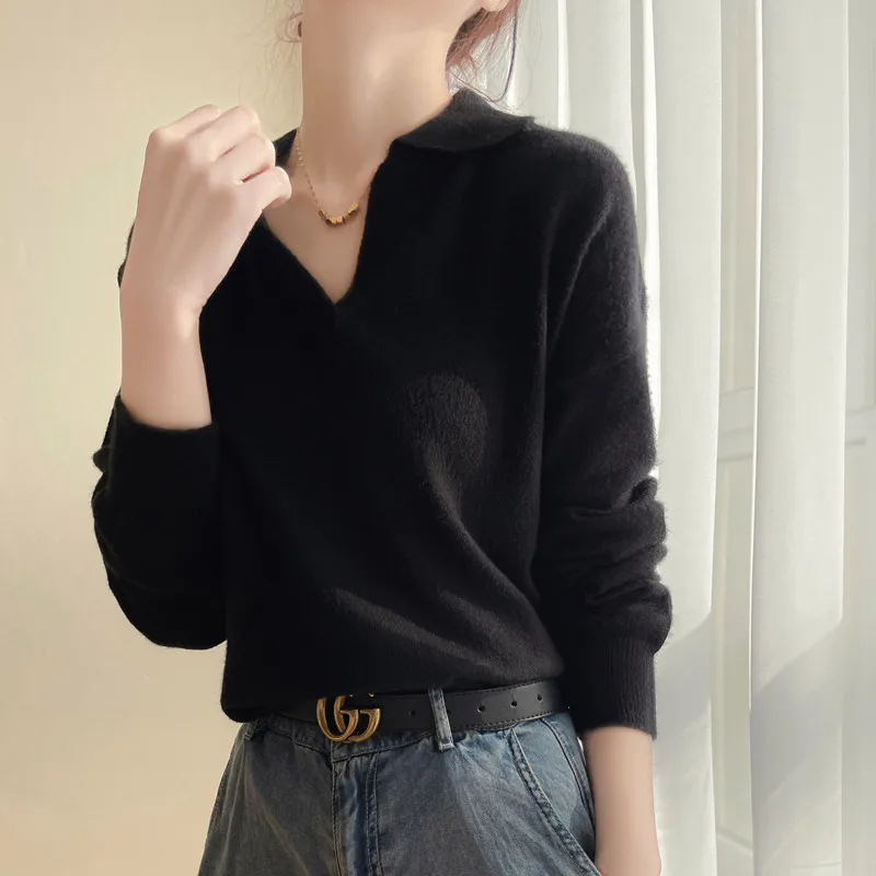 Spring And Autumn New Women\'s Polo Fashion Knitted Pullover Sweater Retro Luxury Design Casual Versatile Solid Color Chic Top