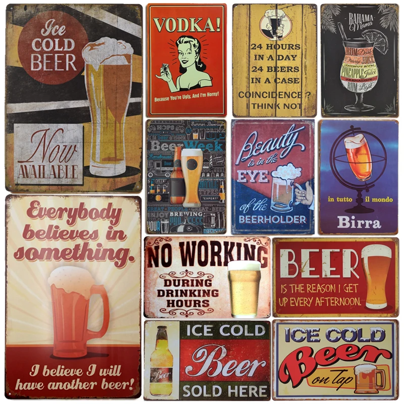 Ice Cold Beer Wine Metal Tin Sign Plaque Bar Rules Poster Retro Iron Painting Wall Decor for Pub Bar Man Cave Kitchen Decoration