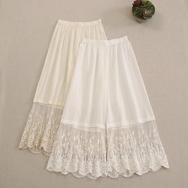 Japan Style Sweet Lace Mesh Embroidery Underpants Wide Leg Pants Women Mori Girl Transparent Elastic Waist Casual Loose Pants