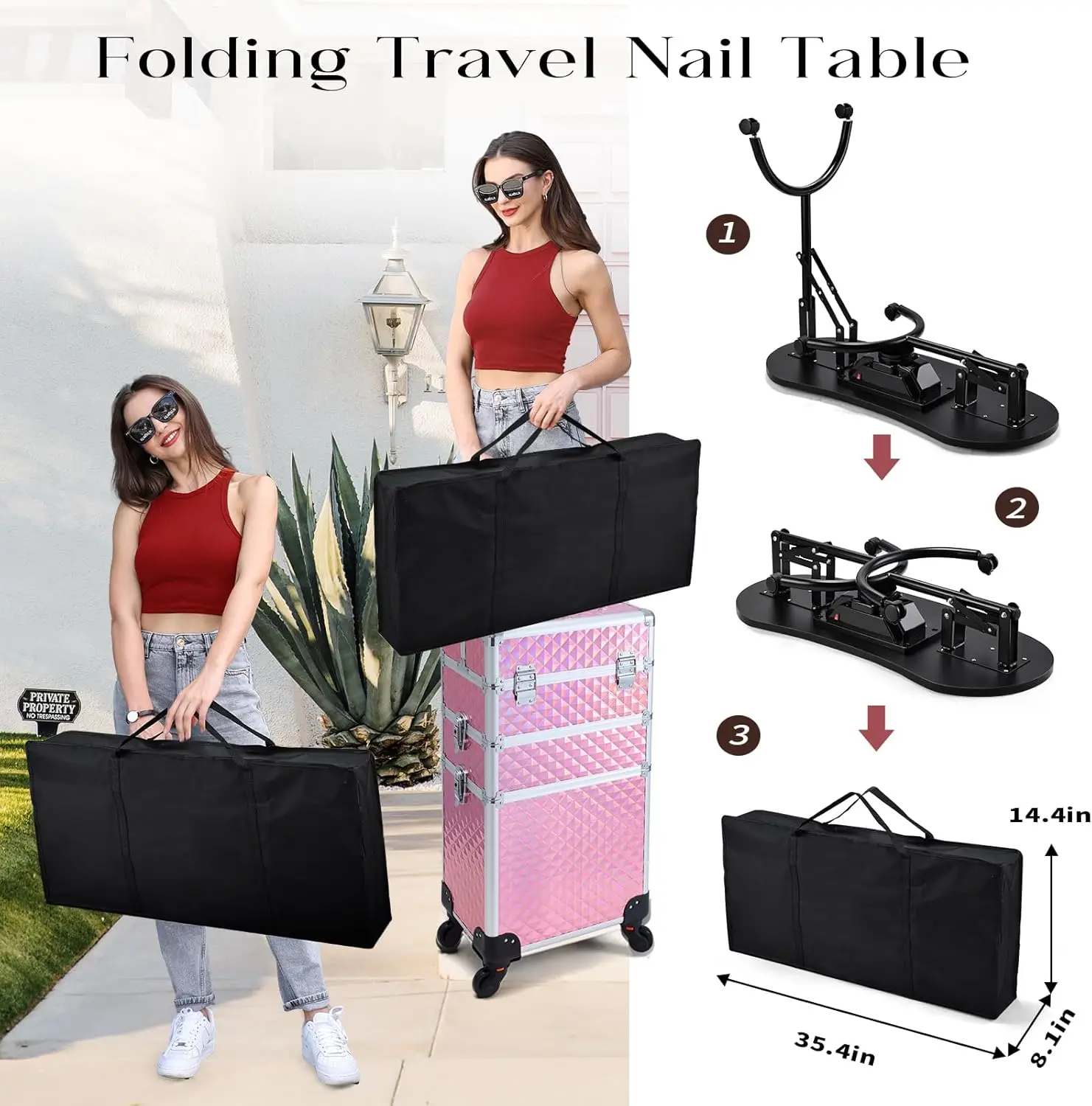Portable Nail Desk with Nail Dust Collector Rolling Manicure Table Foldable with Manicure Hand Rests Organizer Carry Bag