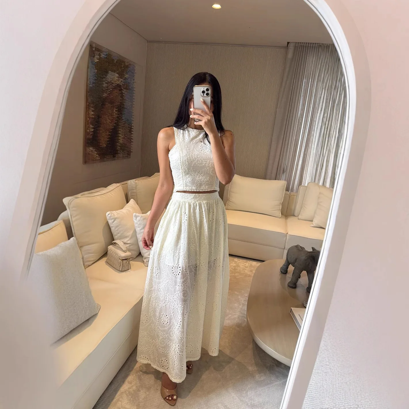 

Shpmishal 2026 Women's 2 Piece Outfit Sleeveless Crop Top & Lace Trim Skirt Set Summer Spring Casual Vacation Suit