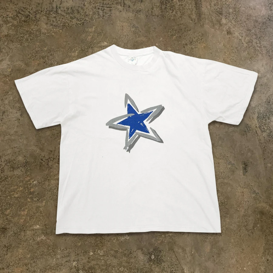 

2025 Full Time Heavy 220g Cotton Five-pointed Star Design Vintage Antique Fashion Couple Short Sleeve T-shirt Streetwear Top Tee