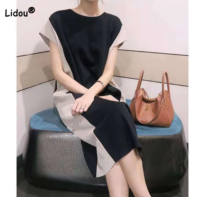 

Women's Elegant Simplicity Solid Color Spliced Round Neck Dresses Casual Fashion Short Sleeve Midi Dress Summer Female Clothing