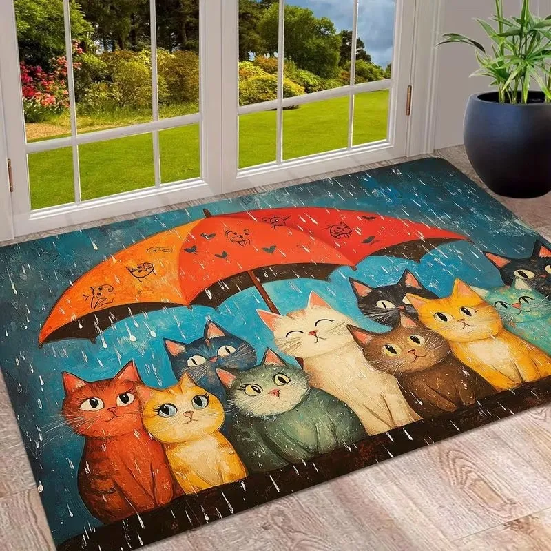 Cute Cats Under Red Umbrella Door Mat Rainy Day Cartoon Animal Print Non Slip Rug for Home Entryway Indoor Decor Soft Flannel