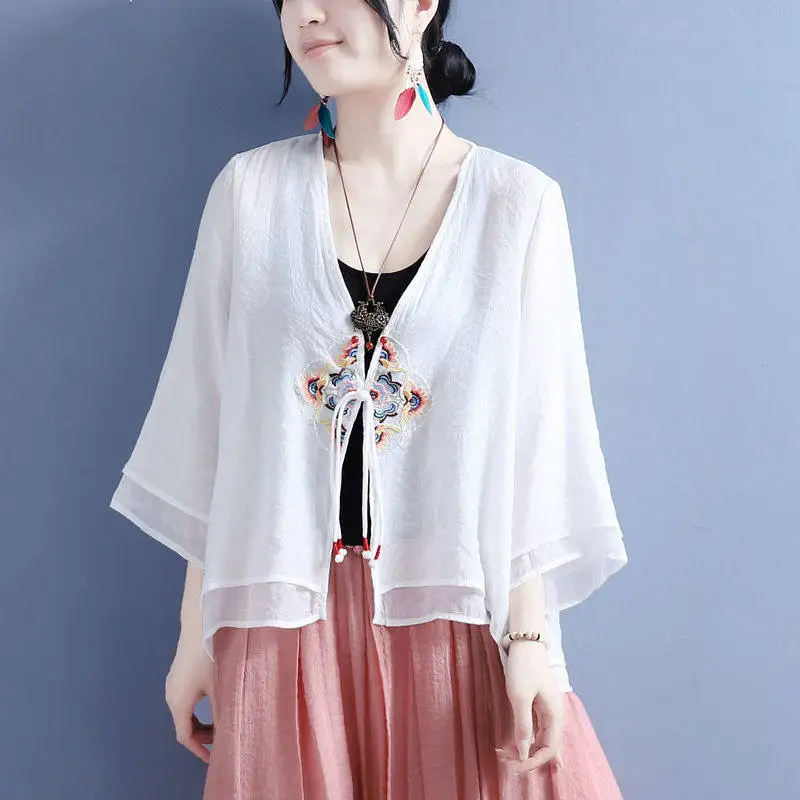 Summer Linen Embroidered Shirt Women Traditional Chinese Style Blouse with Diamond Pattern and Tassel Buttons Hanfu Tops CN-241