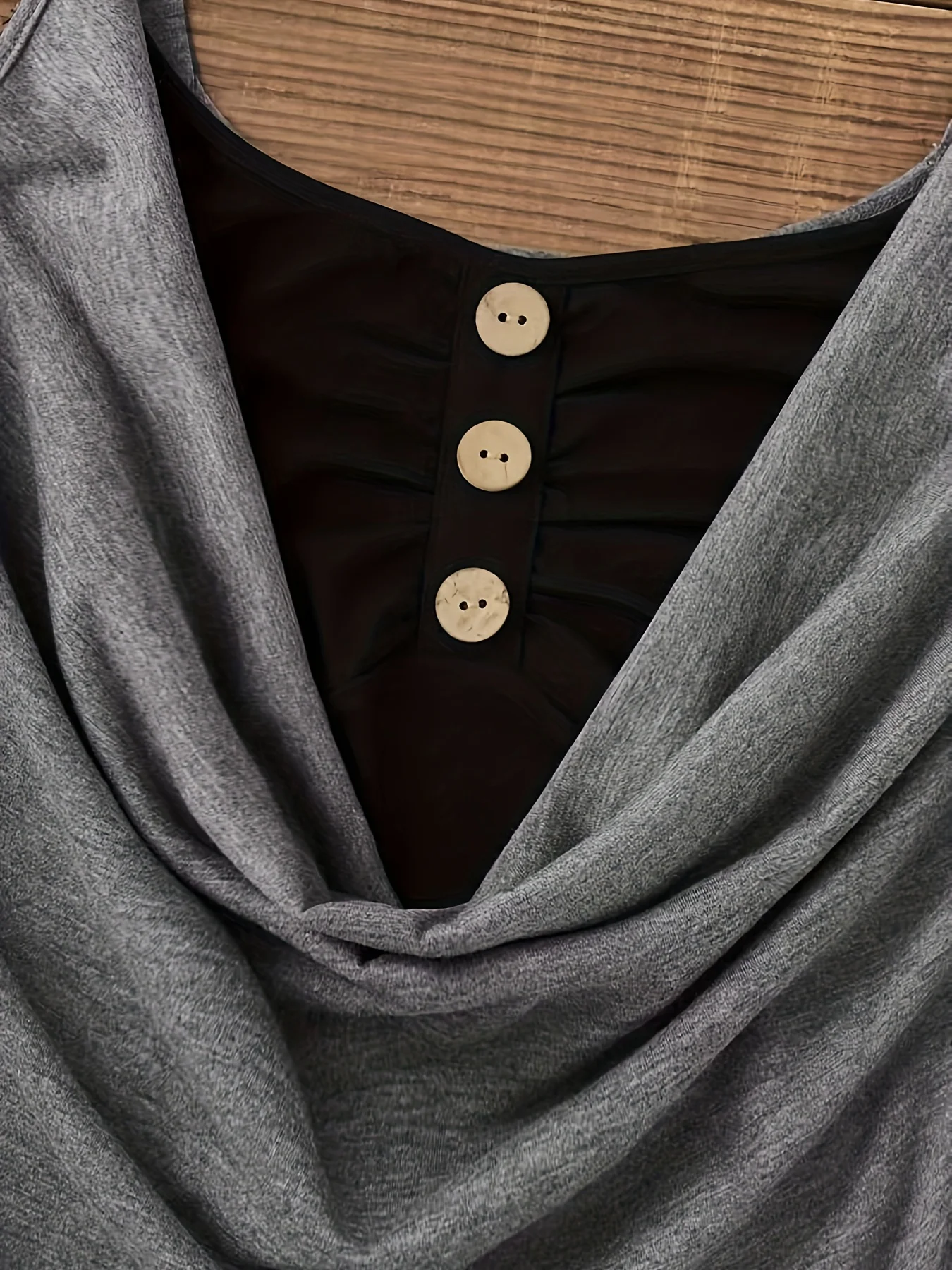 Summer Layered Look Off Shoulder Blouse for Ladies, Grey Black Contrast Draped Front Button Decor Soft Stretchy Daily Wear Tee S