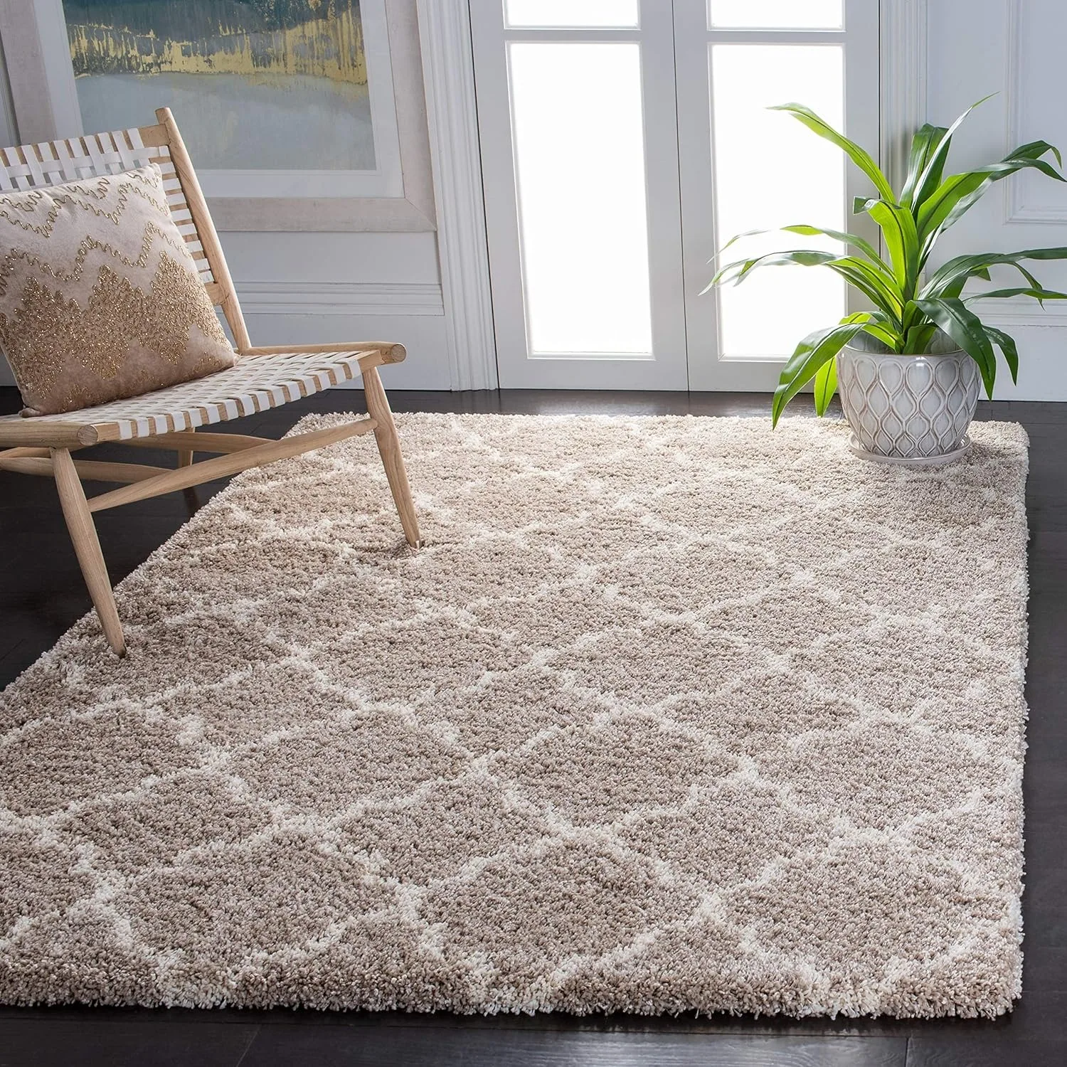 

Hudson Shag Collection Area Rug - 8' x 10', Beige & Ivory, Moroccan Trellis Design, Non-Shedding & Easy Care,