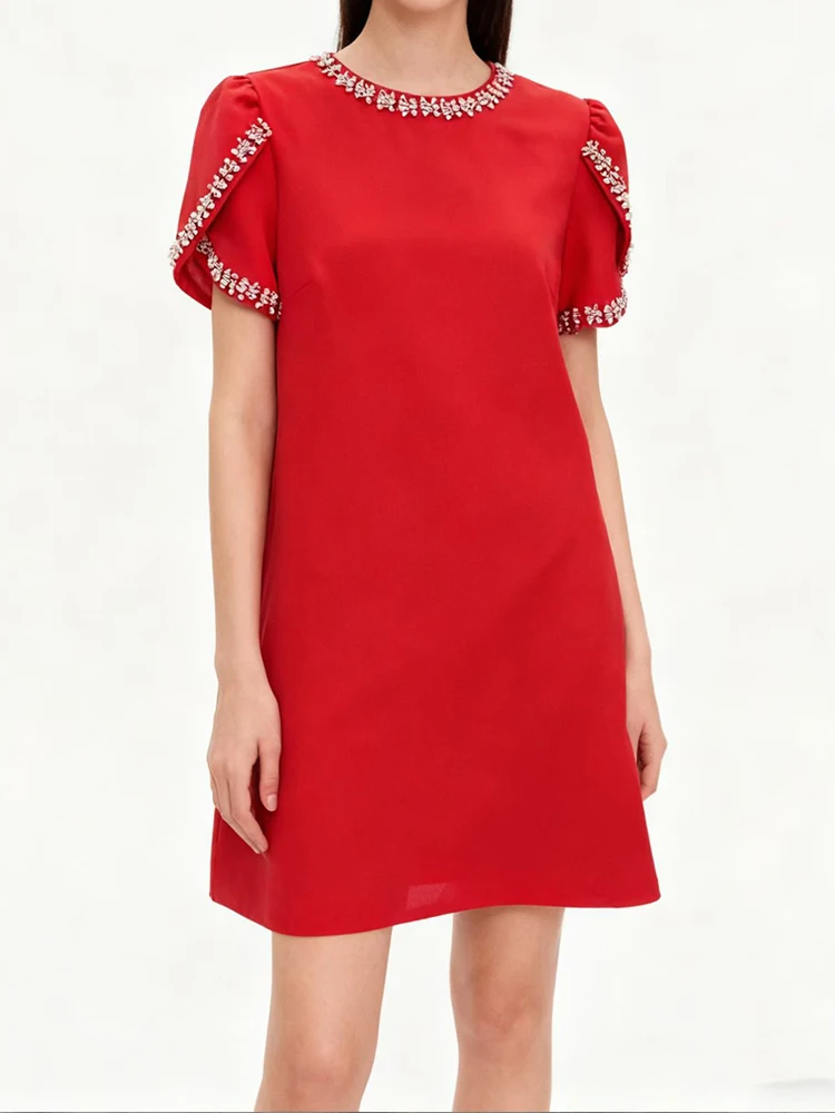 

Тяжелая промышленность, весна и лето, новое однотонное прямое мини-платье с круглым вырезом и ромбовидной строчкой.