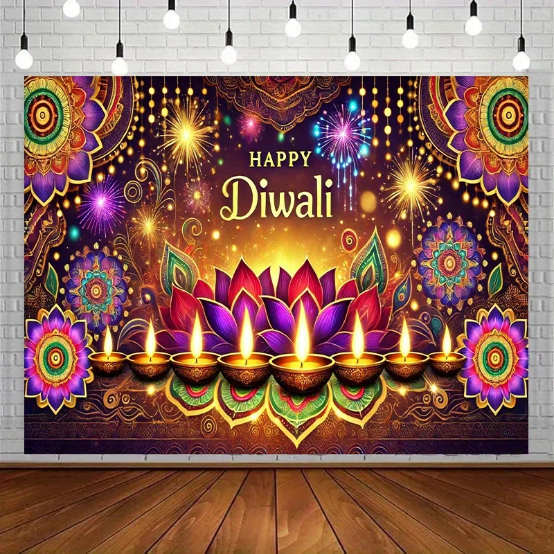 Diwali Mandala Tapestry, Lotus Flower and Diya Design, Indian Festival Wall Art for Party and Home Celebration Decor